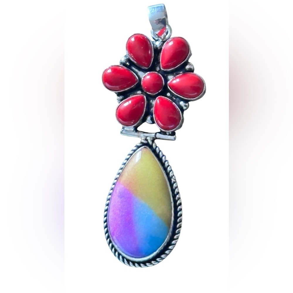 Artisan Jewelry Red Coral Floral Pendant with Multicolor Teardrop Handcrafted - Picture 13 of 15